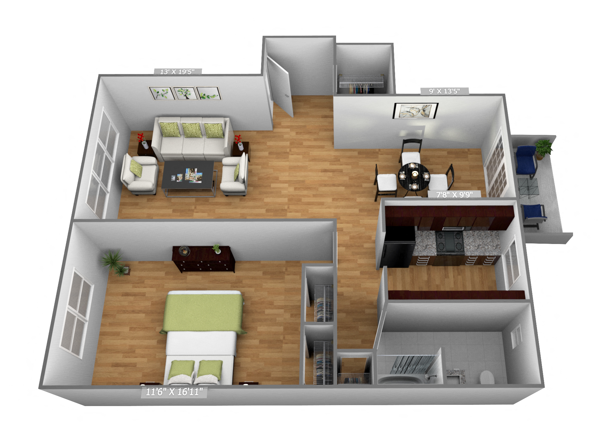 Floor plan for 1 bed, 1 bath, 700 sqft